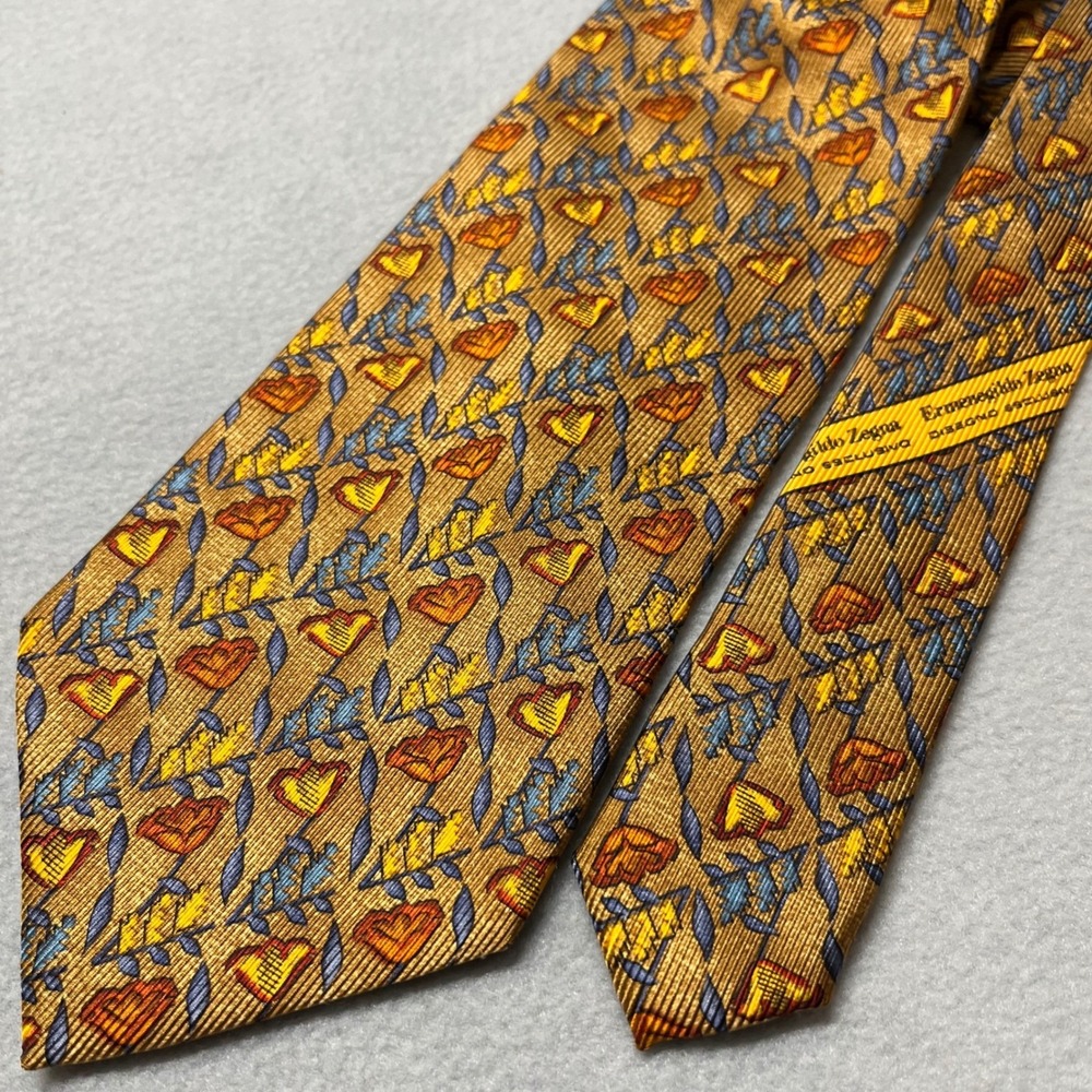 VTG 90s Ermenegildo Zegna Tie Premium Shiny Silk multi Gold Floral Italy Unworn